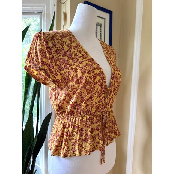 Free People Women's Floral Ditsy Boho Peplum Blouse Size M Tie Waist Festival - Picture 11 of 16